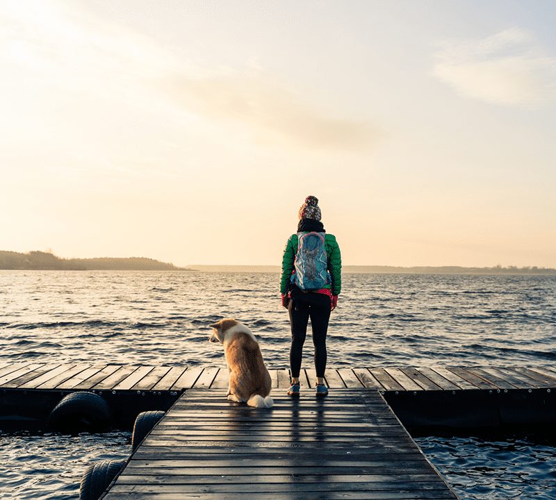Pensive girl and dog at lake